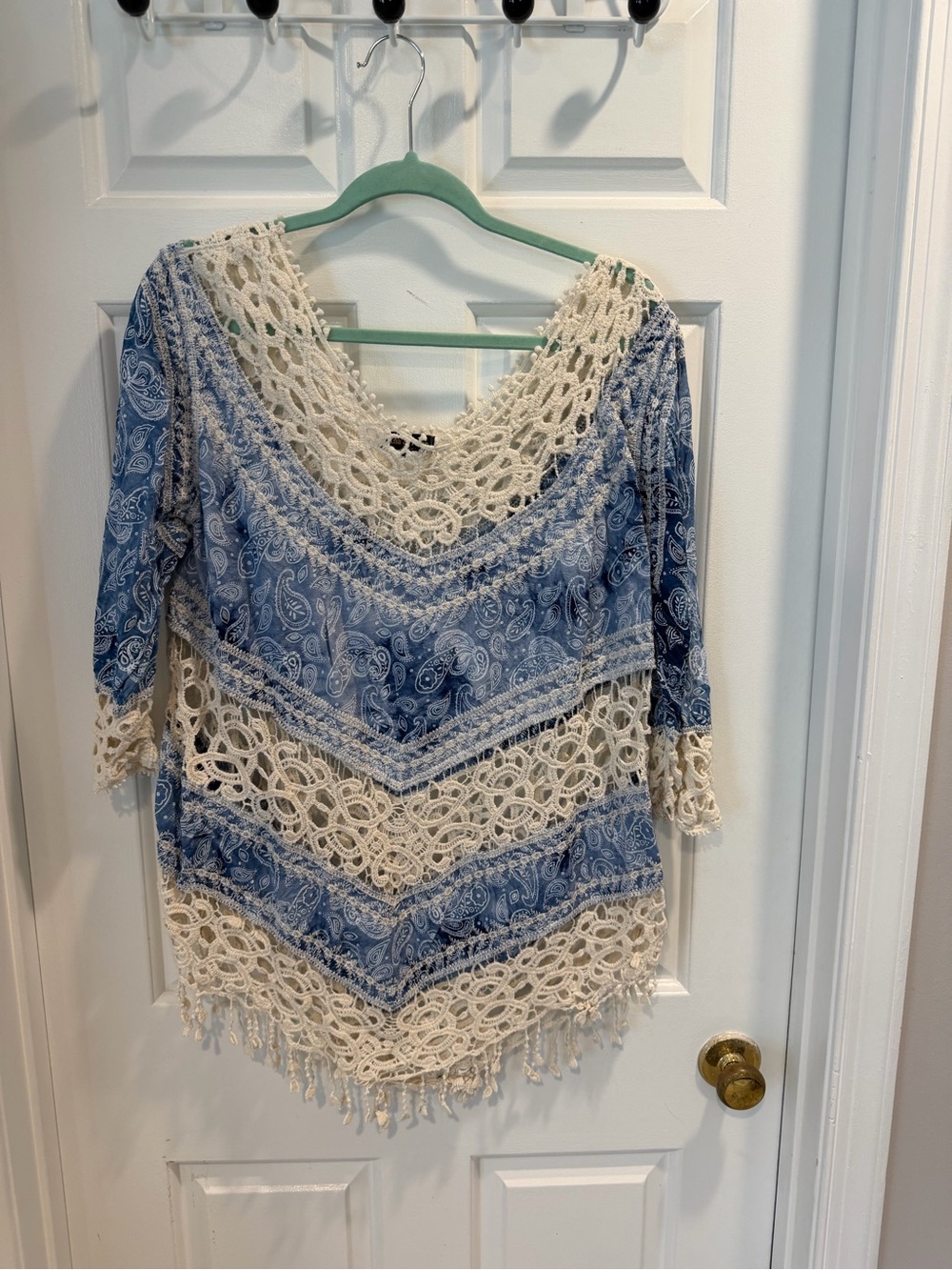 Ana & Rose Boho Blue Paisley Crochet Fringe Tunic Sz L - NWOT